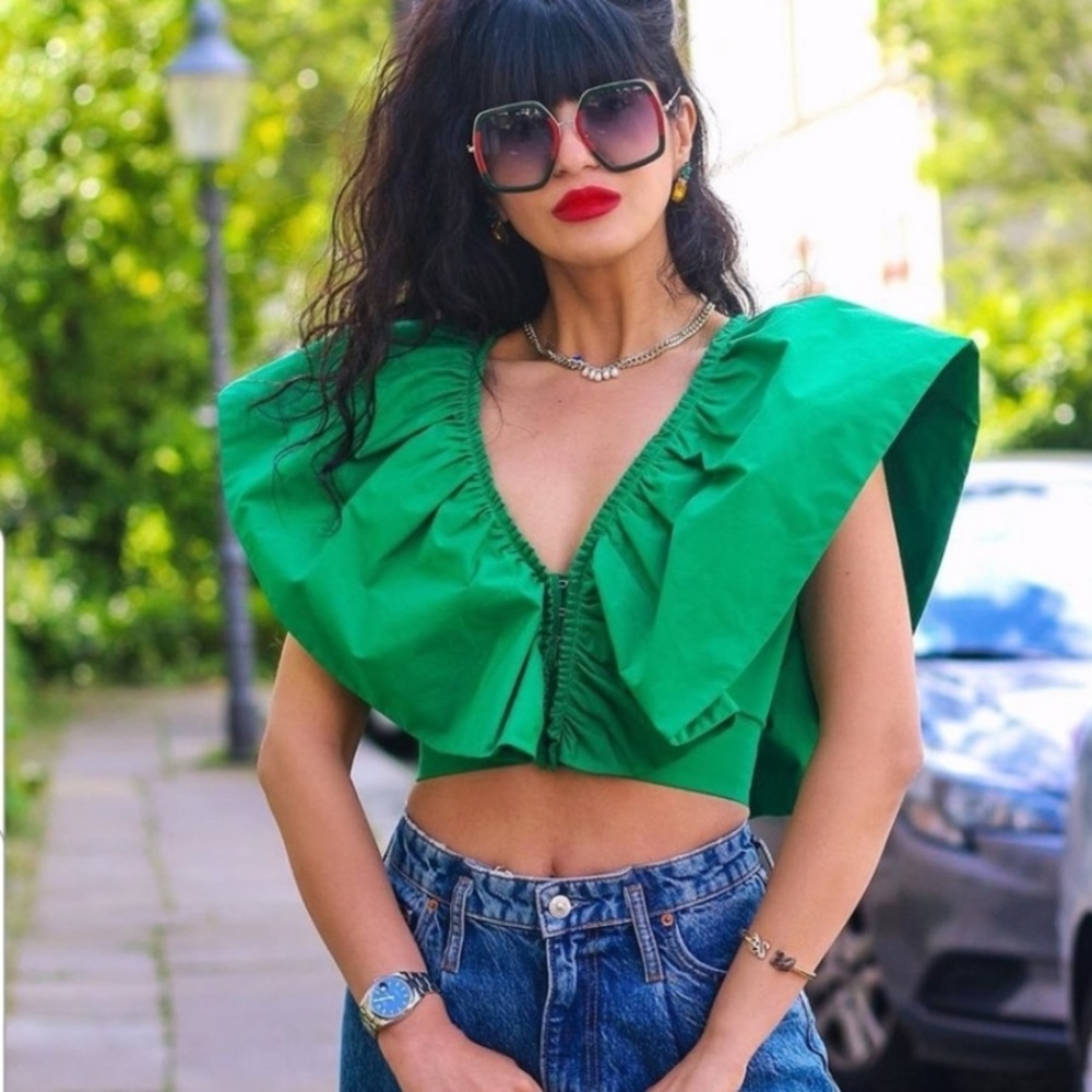 Zara Ruffle Poplin Green Crop Top NWT